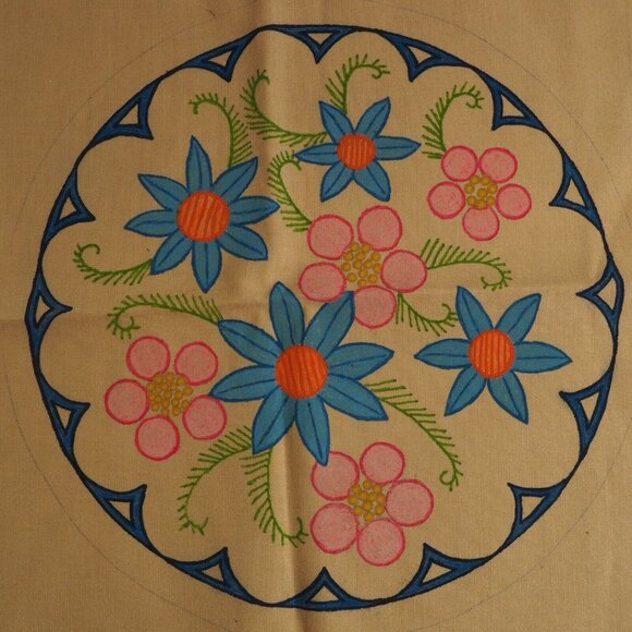 Vtg Linen Liquid Embroidery Doily Wall Art 14” Round Floral Mid Century Art Deco - Picture 2 of 4